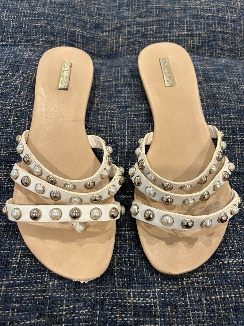 Aldo Strappy Pearl Detail Flat Sandals White